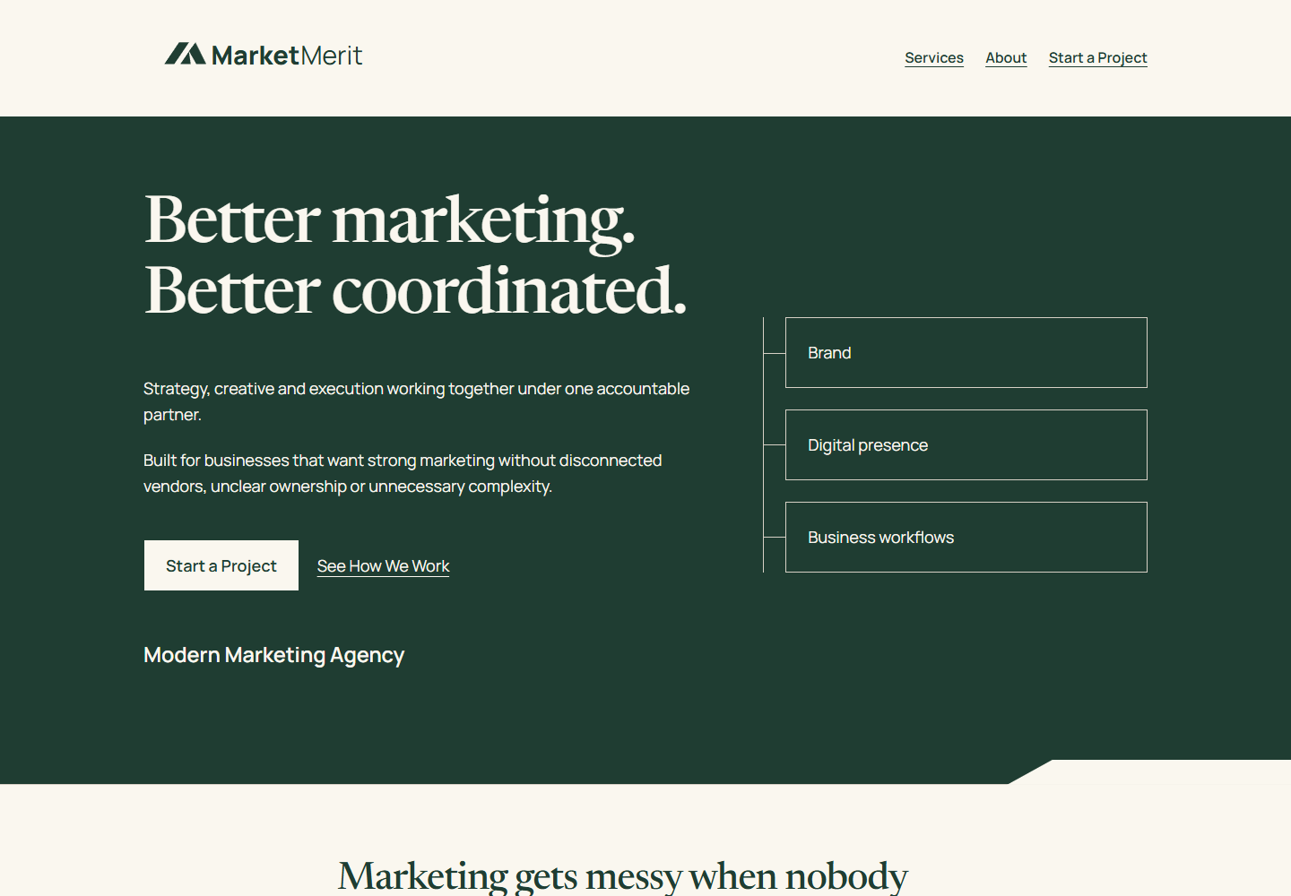 Clean rendering of the accepted MarketMerit homepage hero and opening design